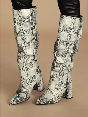 Lulu's White and Black Snake-Print Slouchy Block Heel Boots thumbnail 1