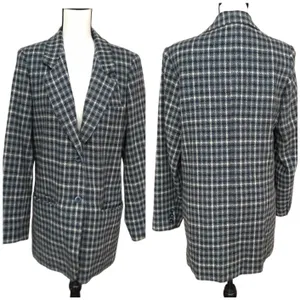 Eddie Bauer Wool Check Long Blazer Jacket Cream Navy Blue M Academia thumbnail 2