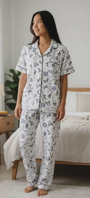 Kumari Womens Large 3 Piece Pajama Set Cat Print Button Top Shorts Pants PJs thumbnail 1