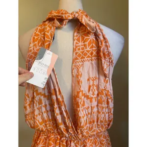 BTFBM Orange Pink boho dainty coastal resort Halter Open Back Mini Dress Large y thumbnail 6