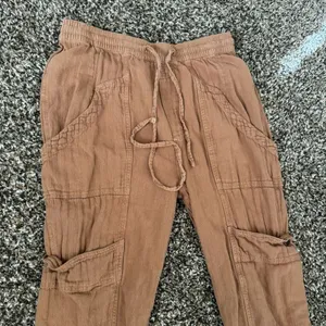 Free People Feel Good‎ Utility Pull On Pants Sz XS Boho Linen Gauzy Brown thumbnail 3
