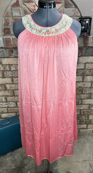 nightgown satin lace collar pink floral thumbnail 1