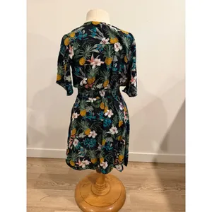 Tropical Pineapple Floral Mini Dress Black V-Neck Smocked Waist Tassel Accent M thumbnail 2