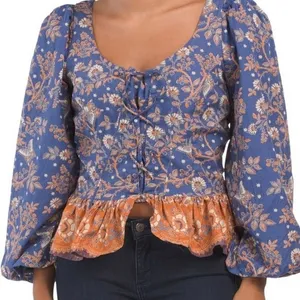 House of Harlow 1960 Peplum Top Women‎ S Blue Floral Lace-Up Boho Puff Sleeve thumbnail 6