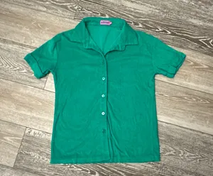 Sz S Green Terrycloth Short Sleeve Top Button Down Shirt Terry Cloth thumbnail 3