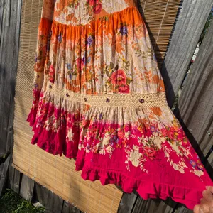 Vintage Y2K 90s Boho Maxi Skirt Tiered Ruffle Floral Macrame Gauzy Rayon India M thumbnail 6