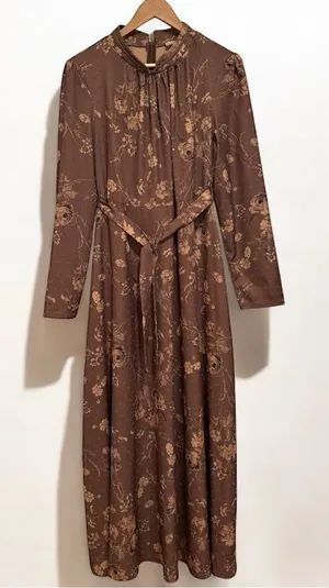 DMN by OZDUMAN Women’s Floral Brown Long Sleeve Maxi Dress with Empire Waist, LG thumbnail 1