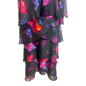 SLNY Tiered Chiffon Dress 16 Black Floral New Tie Cowl Neck Ruffle Shimmer thumbnail 8