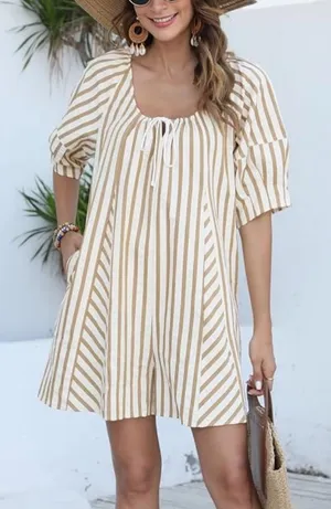 Amazon Bop Around Romper Striped Loose Puff short Sleeve beige tie front bow thumbnail 1