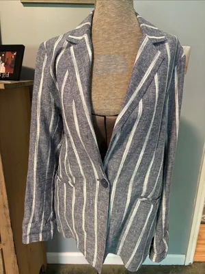 DREW Blue and White Striped Linen Single Breasted Jacket thumbnail 1