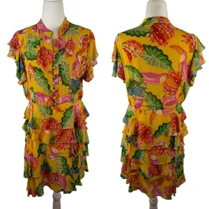 Farm Rio Yellow Beaks & Bananas Mini Dress Small Tropical Toucan Tiered Resort thumbnail 2