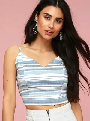 Lulus Wish You Swell Blue And White Striped Tie-back Crop Top - Size Medium thumbnail 1