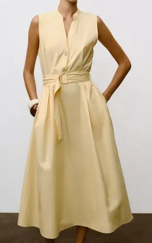 Nwt Zara Belted Poplin Midi Dress Butter Yellow Size S thumbnail 1