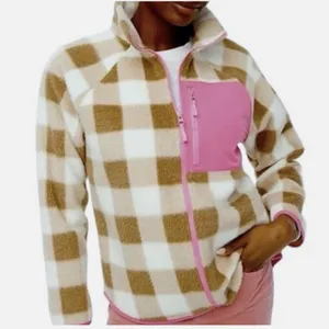 J.Crew Tan & White Check Plaid Fleece Zip Up Jacket Size M thumbnail 4