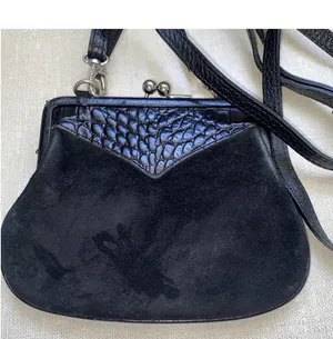 BRIGHTON Mini Purse Bag Rhinestone Heart Black Suede Leather Crossbody thumbnail 4