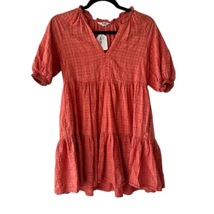 BB Dakota Hustle and Glow Tiered Mini Dress Coral Plaid V-Neck XS thumbnail 2