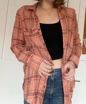 Free People 100% linen peach flannel-patterned shirt thumbnail 1