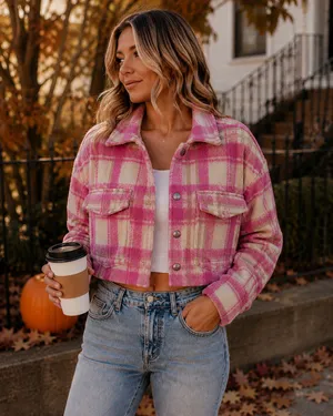 Zara Cropped Plaid Shacket Jacket Pink Cream Fuzzy Cozy Preppy Fall Size S thumbnail 1