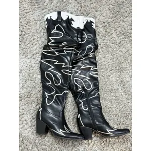 Women's Black & White Cowboy Western Boots Knee High Embroidered Block Size 6 thumbnail 2