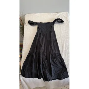 Staud Black Cotton Tiered Midi Dress Square Neck Off Shoulder Button Front 6 thumbnail 2