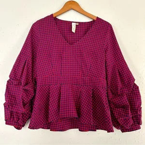 🦋 Allison Joy Red Blue Plaid Puff Sleeve Balloon Long Sleeve Peplum Blouse thumbnail 1