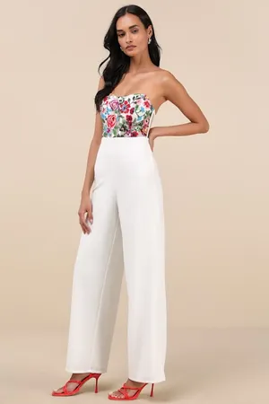New Lulus Remarkable Energy White Floral Embroidered Strapless Jumpsuit MSRP $99 thumbnail 2