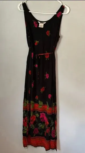 Vintage Nina Piccalino Size 6 Black Rose Floral Rayon Maxi Dress Slits Made in U thumbnail 2