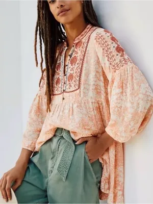Anthropologie Peach Embroidered Babydoll Tunic Boho Western Festival blouse thumbnail 2