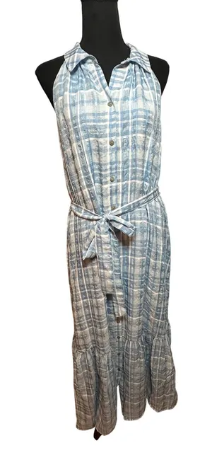 Anthropologie Blue White Plaid Button Front Tiered Midi Dress Sz S Halter Neck thumbnail 1