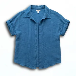Caslon Women Blue Double Gauze Cotton Short Sleeve Button Up Shirt Large thumbnail 1