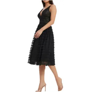 Dress the Population Becca Midi Dress Black Sleeveless Sequin Tiered Small thumbnail 2
