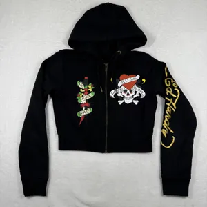 Ed Hardy Love Kills Slowly Cropped Zip Up‎ Hoodie Black Skull Tattoo Y2K Medium thumbnail 1