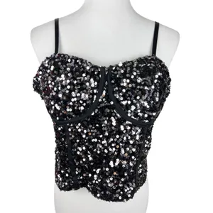 Sequin Corset Bustier Top Underwire Adjustable Straps Black Silver M Size M thumbnail 2