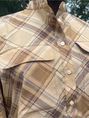 Lauren Ralph Lauren Women’s Beige Lilac Plaid Long Sleeve Mock Neck Blouse Sz S thumbnail 3