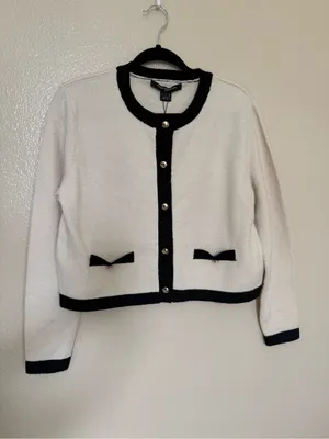 French Connection Womens L Ivory Black Contrast Knit Cardigan Jacket NWT $128 thumbnail 2