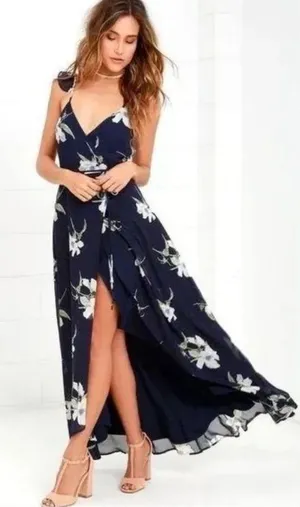 Lulus All Mine Navy Blue Floral Print High-Low‎ Wrap Dress M 65229 NWT thumbnail 1