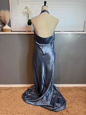 Dave & Johnny Size 12 Blue Satin Beaded Halter Formal Gown Y2K Prom Dress thumbnail 8