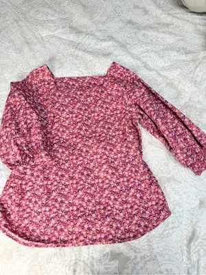 Time and Tru Pink Floral Square-Neck Puff Sleeve Blouse thumbnail 3
