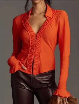 Anthropologie ruffle long sleeve button down thumbnail 1