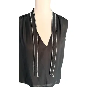 ZARA Black Sleeveless V-Neck Blouse with‎ Silver Chain Trim Ties XL thumbnail 2