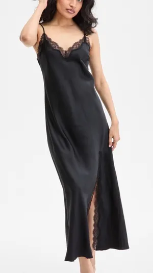 INC Black Silk Blend Lace Trim Slip Dress V-Neck Maxi Nightgown Slit Size XS NEW thumbnail 1