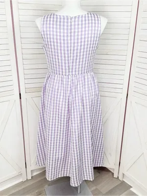 DKNY Gingham Check Square Neck Midi Dress Purple White 12 Cottagecore Sleeveless thumbnail 4