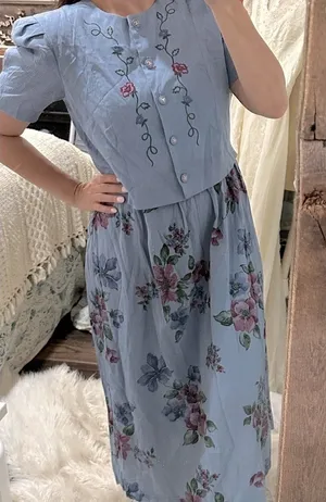 Vintage Miss Dorby Floral Blue Dress with Embroidered Details size XLarge thumbnail 1