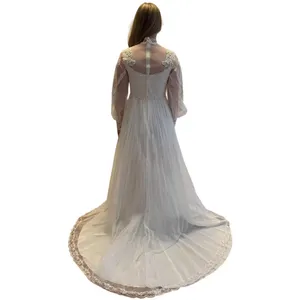 Vintage 1960s Lace Illusion High Neck Bridal Wedding Gown w/ Train XS thumbnail 3