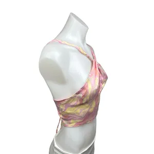 Zara Pink Yellow Satin Marble Tie Dye Open Tie Back Brami Cropped Tank Top Sz S thumbnail 2