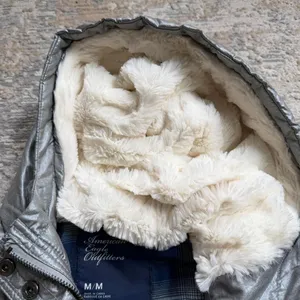 Y2K American Eagle Outfitters shiny metallic silver puffer vest faux fur hood thumbnail 4