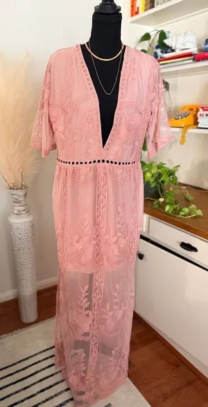 Blush Pink Lace Romper Maxi Dress Deep V Neck Floral XL - ELETER thumbnail 1