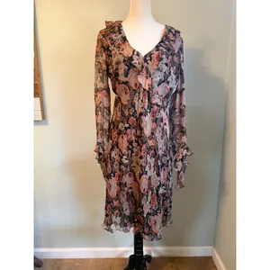 Lauren Ralph Silk Floral Ruffle Midi Dress Brown Pink boho whimsigoth 12 dainty thumbnail 2