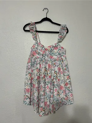 Ruffle-Strap Floral Mini Dress in White with Pink Floral thumbnail 2