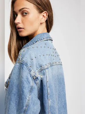 Free People Studded Denim Trucker Jacket $148 MSRP thumbnail 7